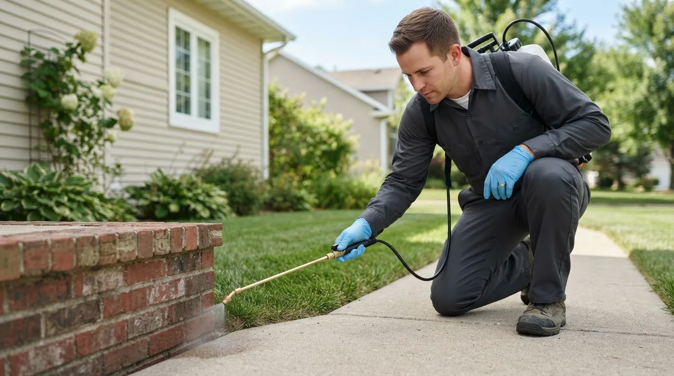 Pest control technician treating a home near Concord, VT